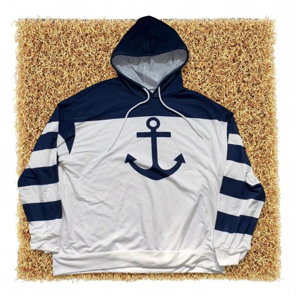 Anchor-blue Men's Blue and White Hoodie